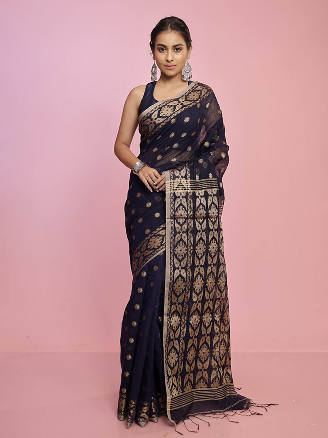 

AllSilks Ethnic Motf Woven Design Zari Saree, Navy blue
