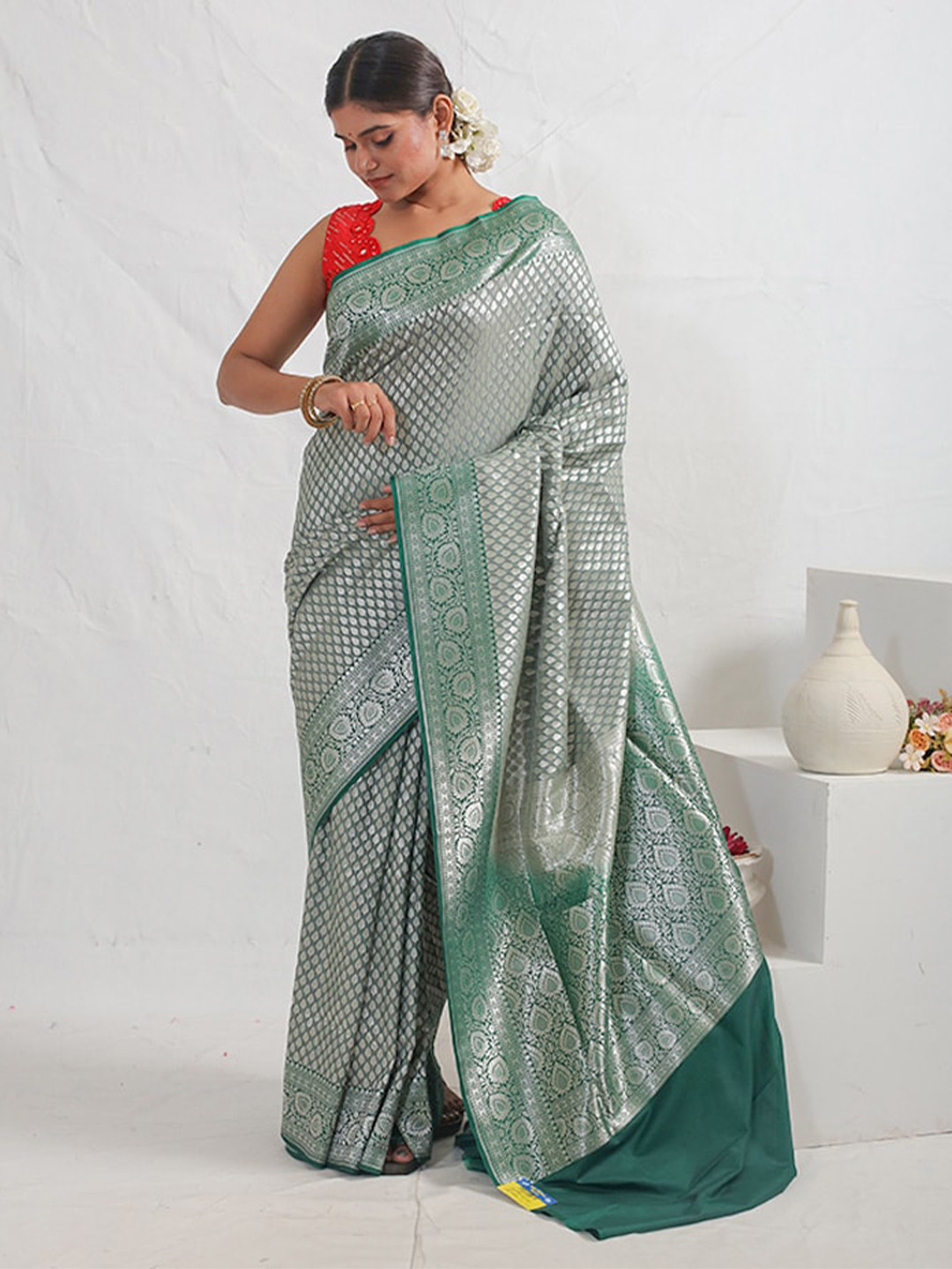 

AllSilks Ethnic Motifs Woven Design Zari Uppada Saree, Green
