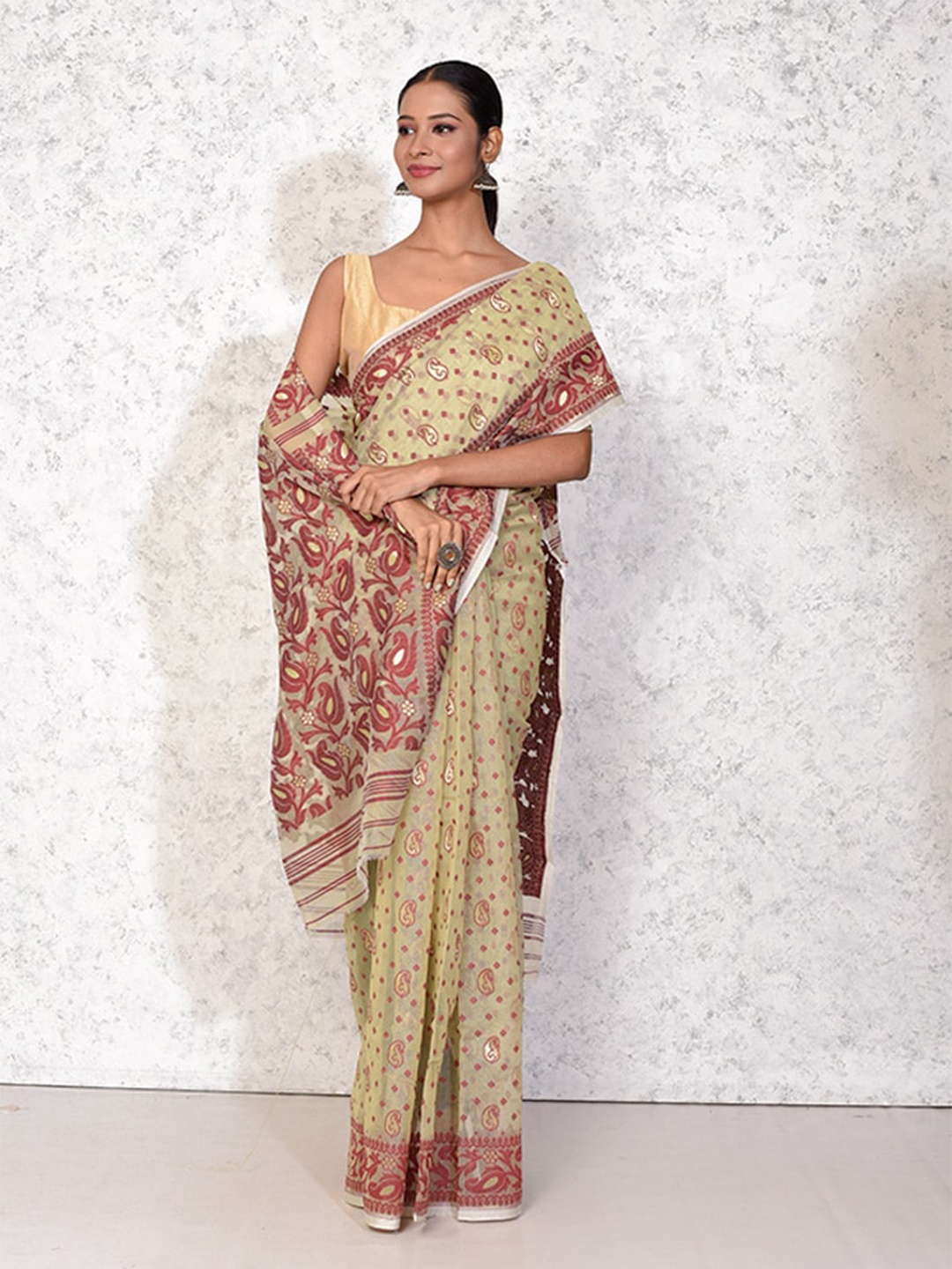 

AllSilks Paisley Woven Design Zari Pure Cotton Taant Saree, Green