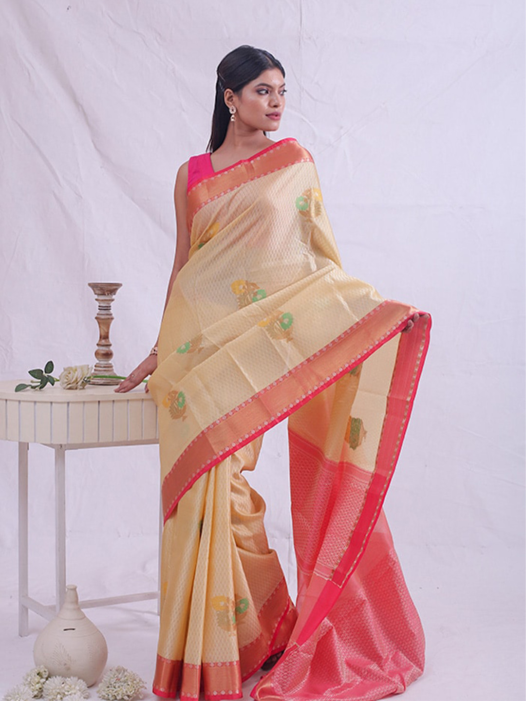 

AllSilks Woven Design Zari Saree, Cream