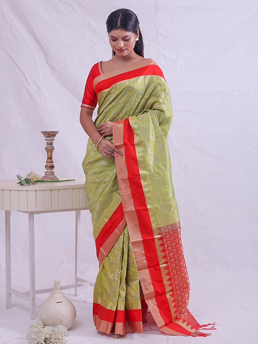 

AllSilks Woven Design Zari Silk Blend Kanjeevaram Saree, Green