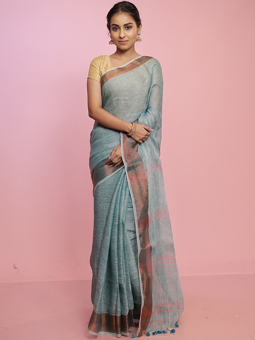 

AllSilks Zari Silk Blend Saree, Grey