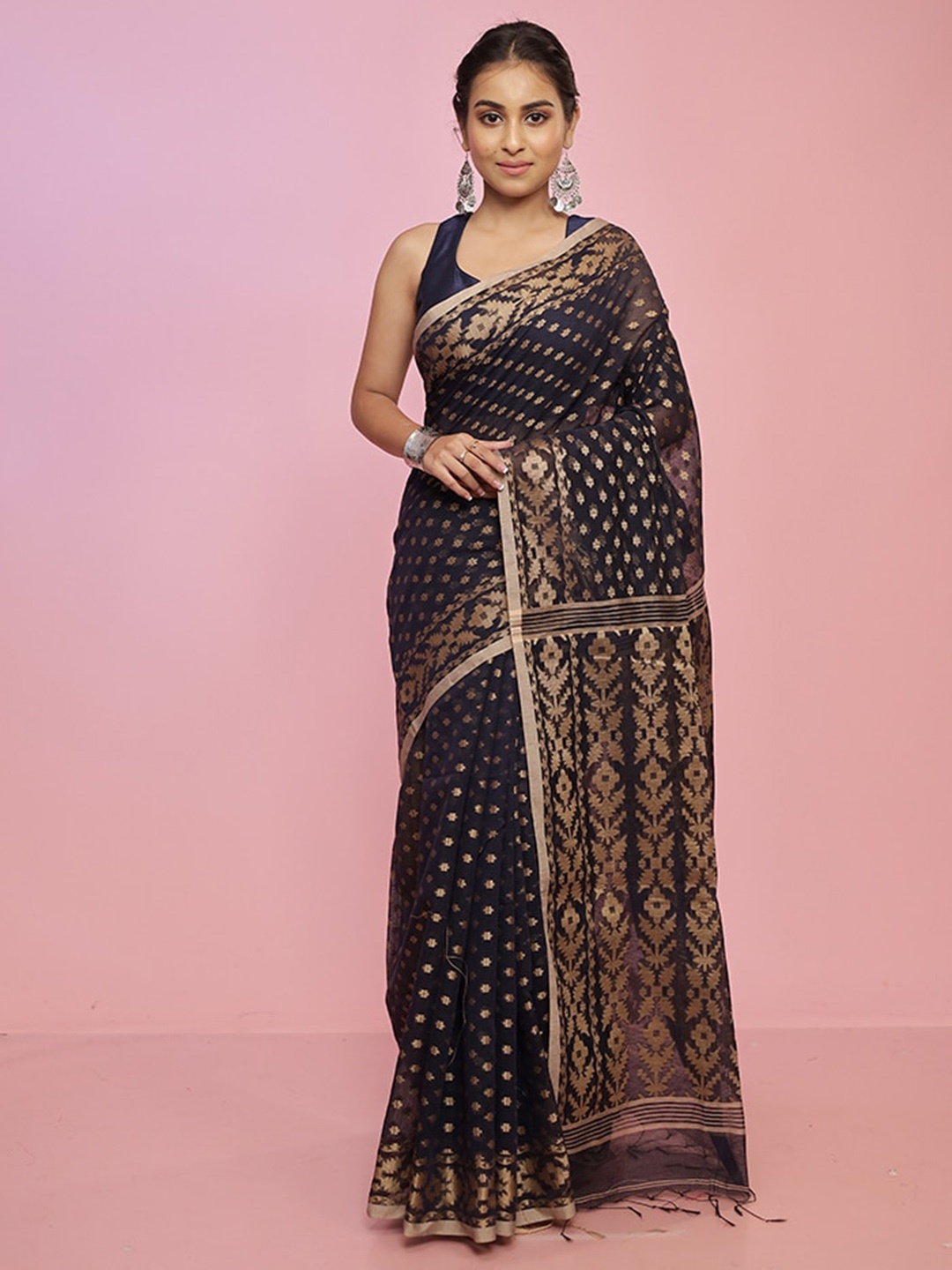 

AllSilks Ethnic Motifs Woven Design Zari Jamdani Saree, Navy blue