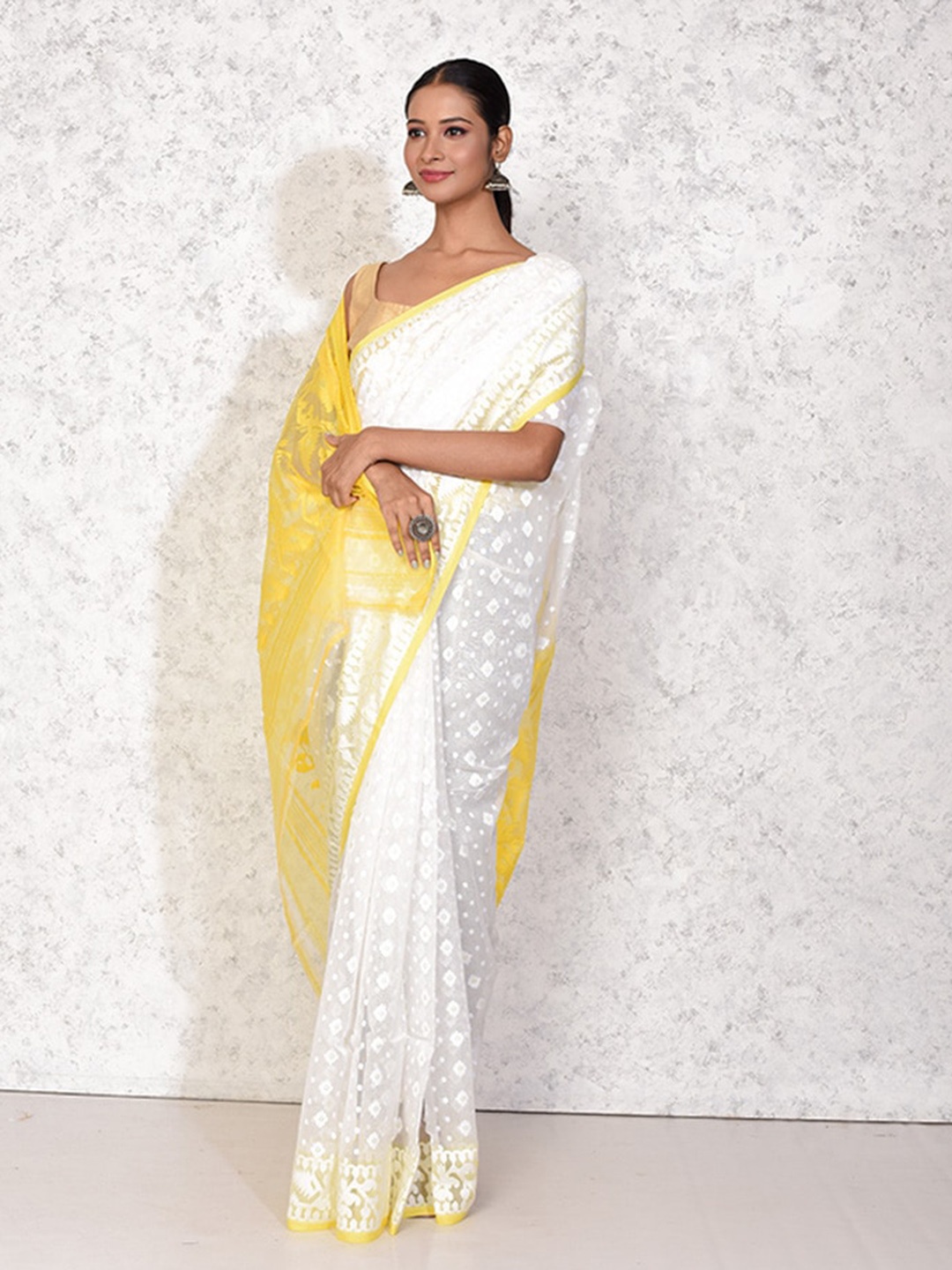 

AllSilks Floral Woven Design Pure Cotton Taant Saree, White
