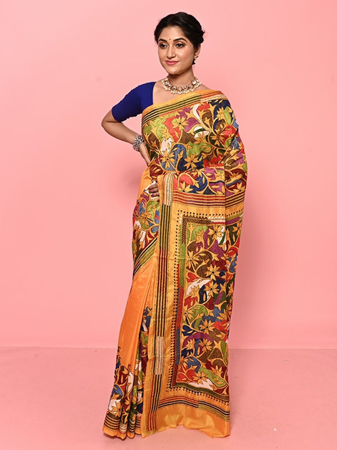 

AllSilks Ethnic Motifs Kantha Work Pure Silk Saree, Yellow