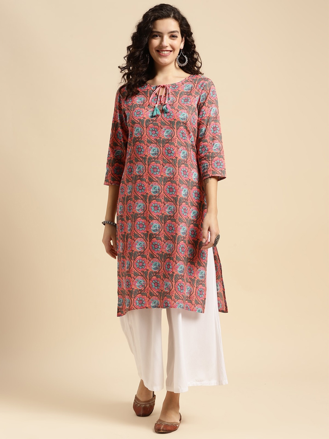 

Rangita Ethnic Motifs Printed Keyhole Neck Pure Cotton Kurta, Pink