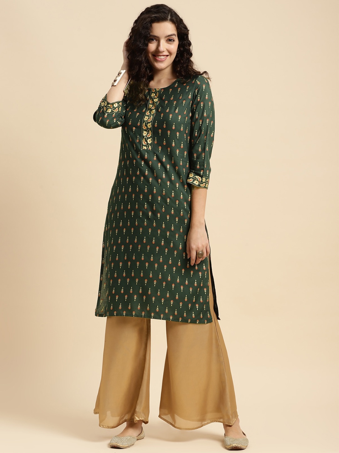 

Rangita Motifs Printed Knee Length Straight Kurta, Green