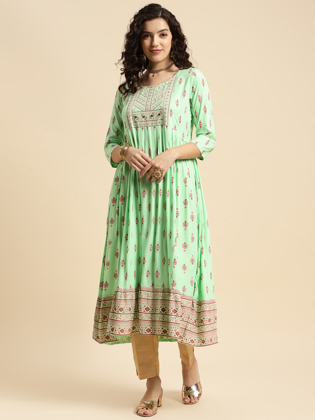 

Rangita Motifs Printed Embellished Calf Length Anarkali Kurta, Green