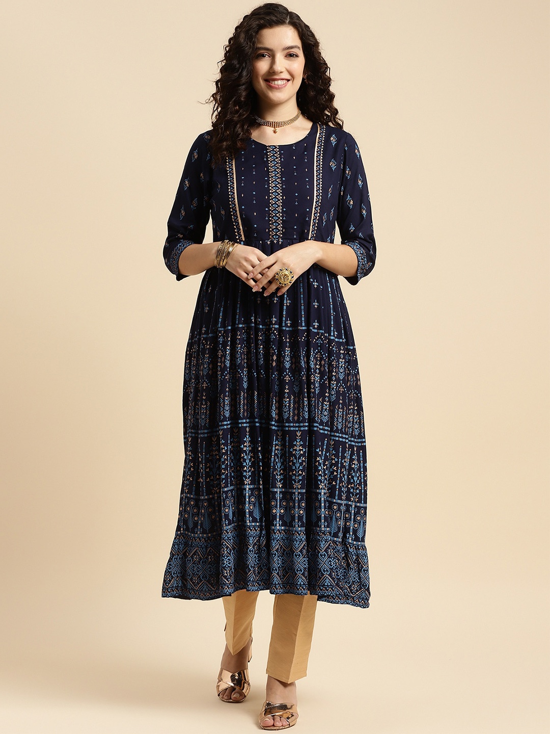 

Rangita Ethnic Motifs Printed Gotta Patti Anarkali Kurta, Blue
