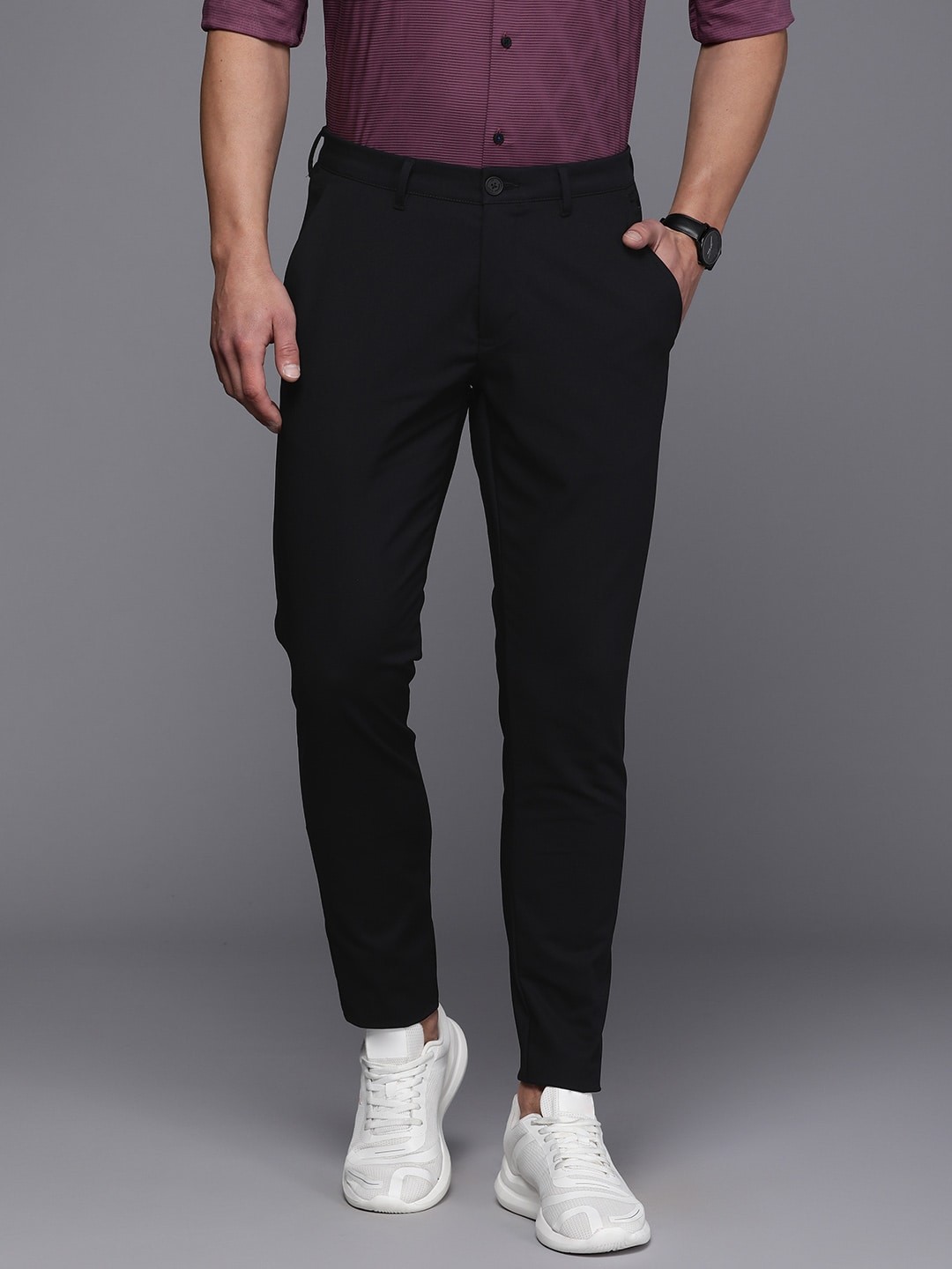 

Louis Philippe Ath.Work Men Mid-Rise Comfy Tapered Fit Smart Casual Trousers, Black