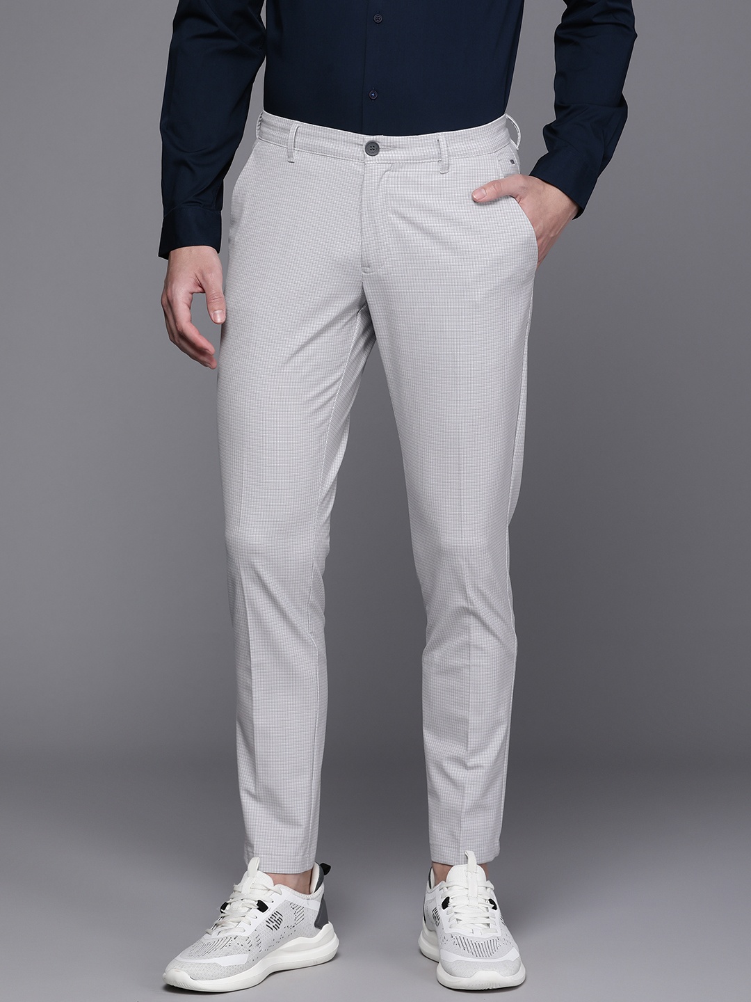 

Louis Philippe Ath.Work Men Mid-Rise Comfy Tapered Fit Checked Smart Casual Trousers, Grey
