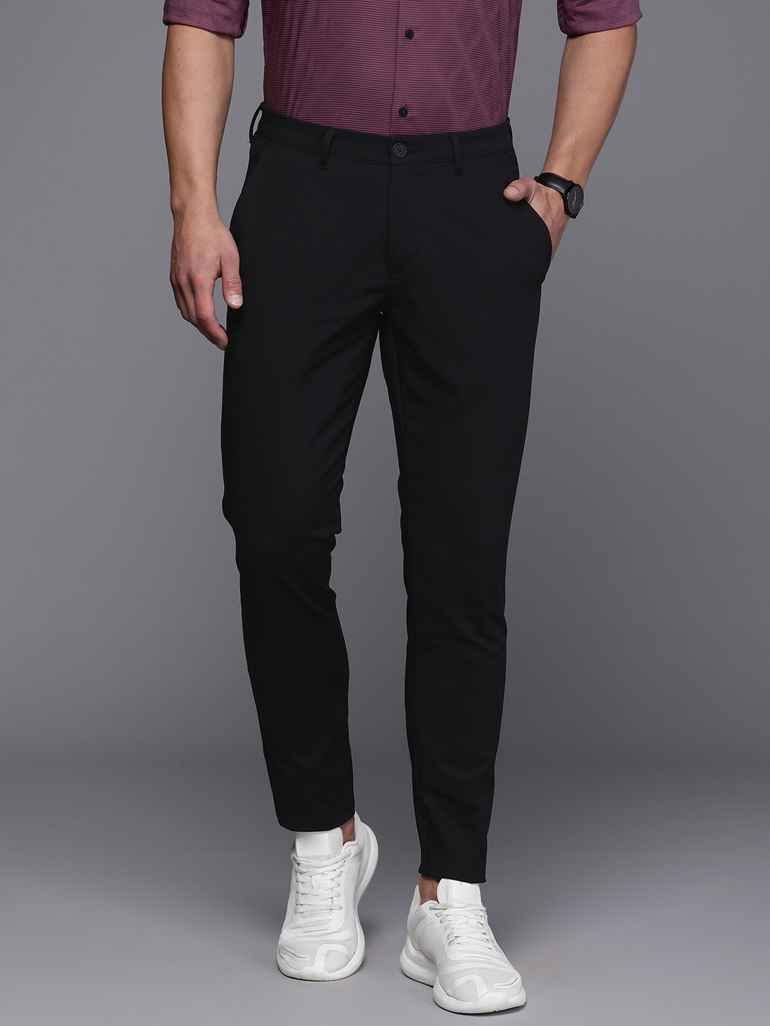 

Louis Philippe Ath.Work Men Mid-Rise Comfy Tapered Fit Smart Casual Trousers, Black