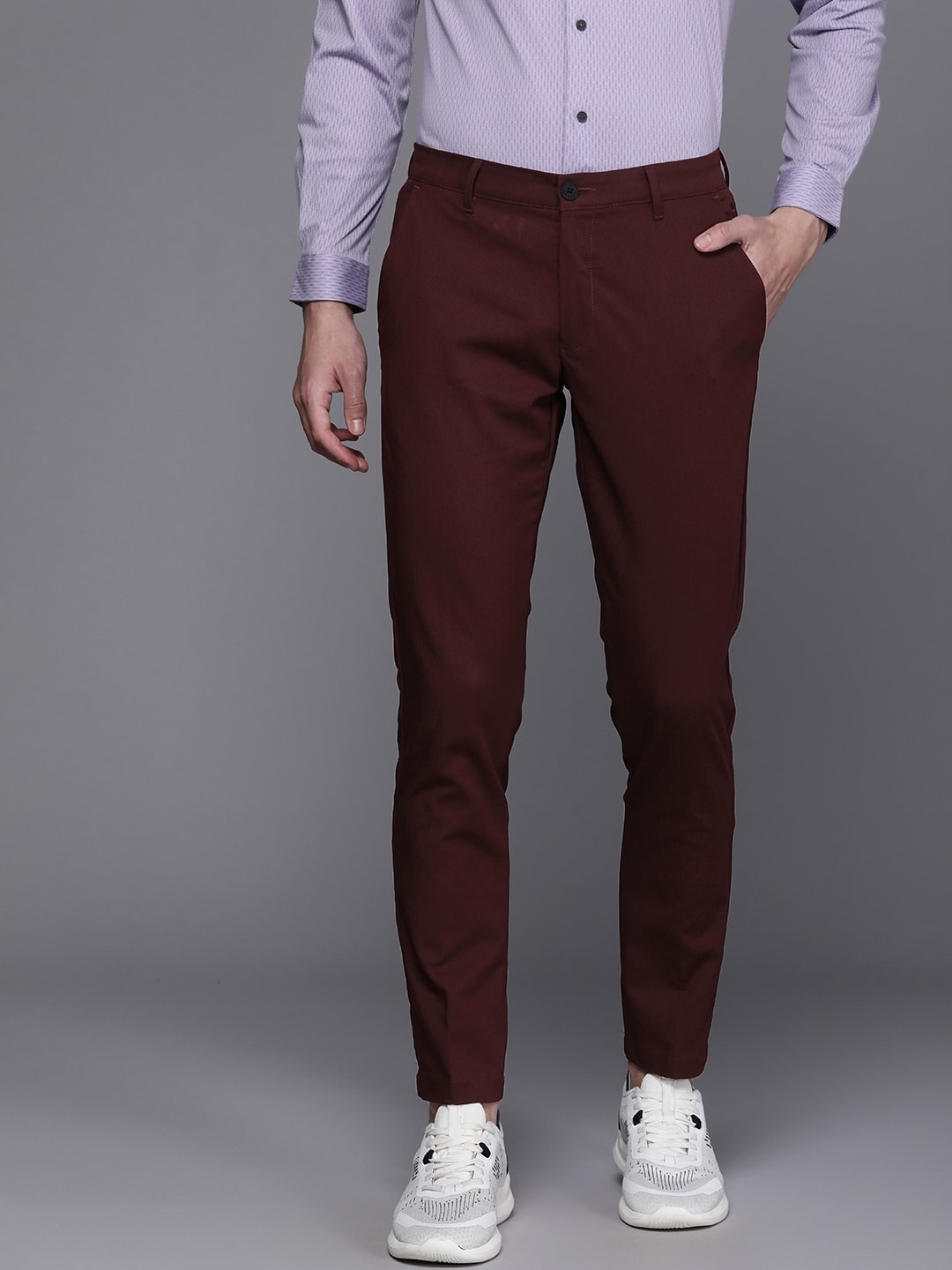 

Louis Philippe Ath.Work Men Mid-Rise Comfy Tapered Fit Smart Casual Trousers, Maroon