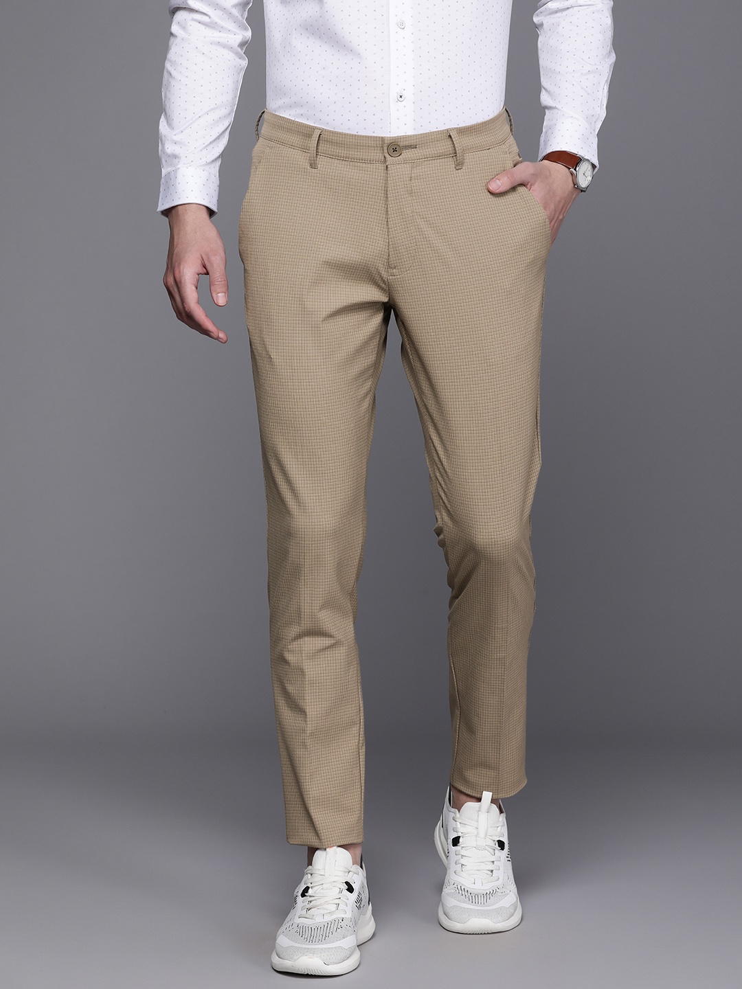 

Louis Philippe Ath.Work Men Mid-Rise Comfy Tapered Fit Checked Smart Casual Trousers, Khaki