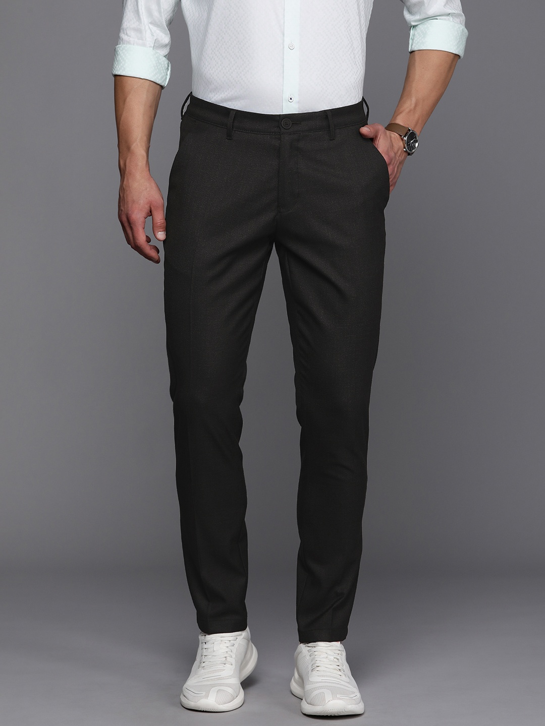 

Louis Philippe Ath.Work Men Tapered Fit Smart Casual Chinos Trousers, Charcoal