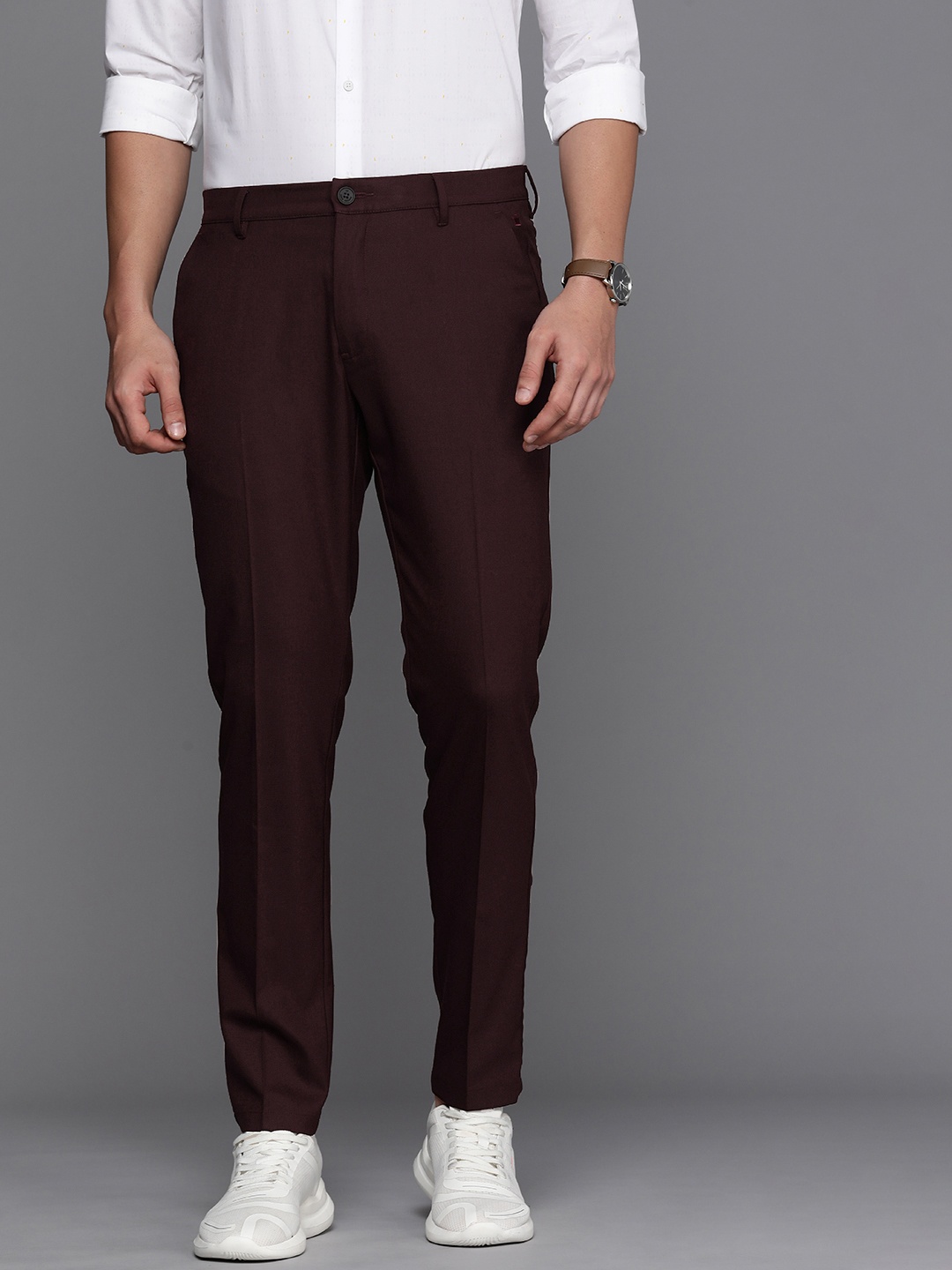 

Louis Philippe Ath.Work Men Tapered Fit Smart Casual Trousers, Burgundy