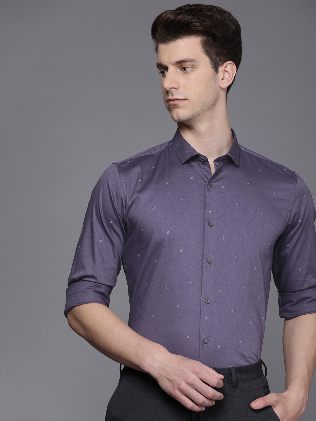 

Louis Philippe Ath.Work Super Slim Fit Opaque Printed Semiformal Shirt, Purple