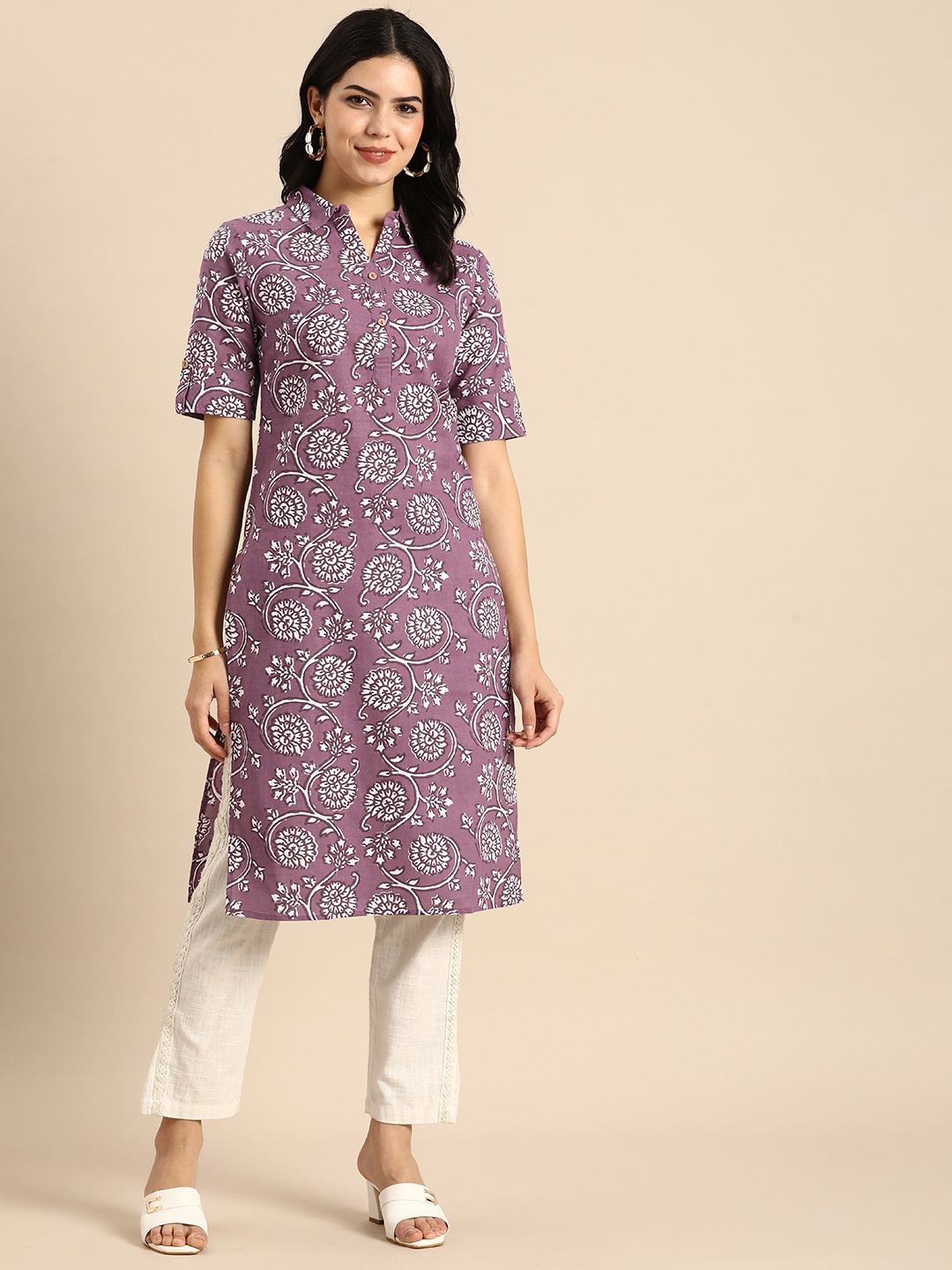 

Anouk Floral Printed Shirt Collar Pure Cotton Kurta, Purple