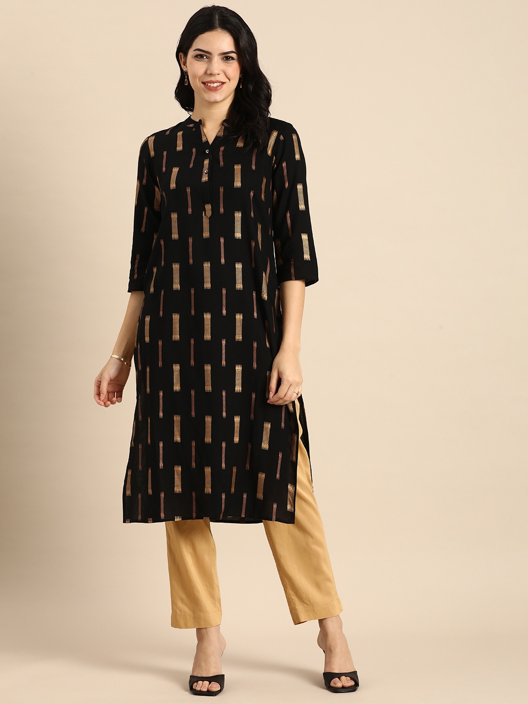 

Anouk Printed Mandarin Collar Pure Cotton Kurta, Black