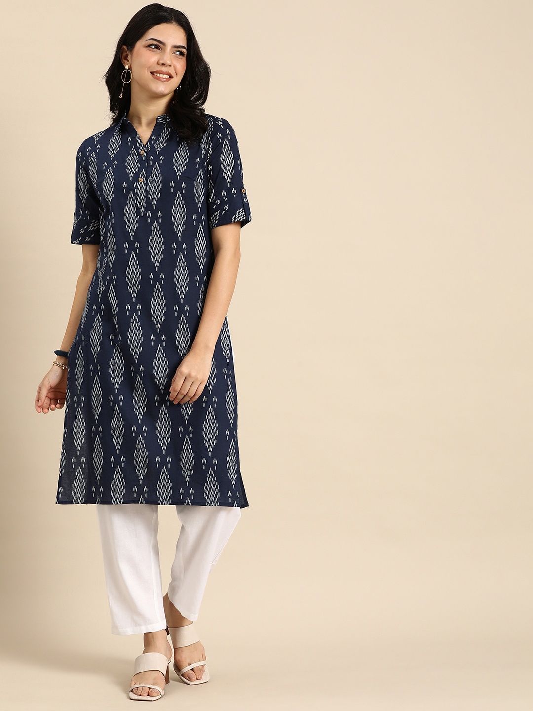 

Anouk Women Ethnic Motifs Printed Block Print Kurta, Navy blue