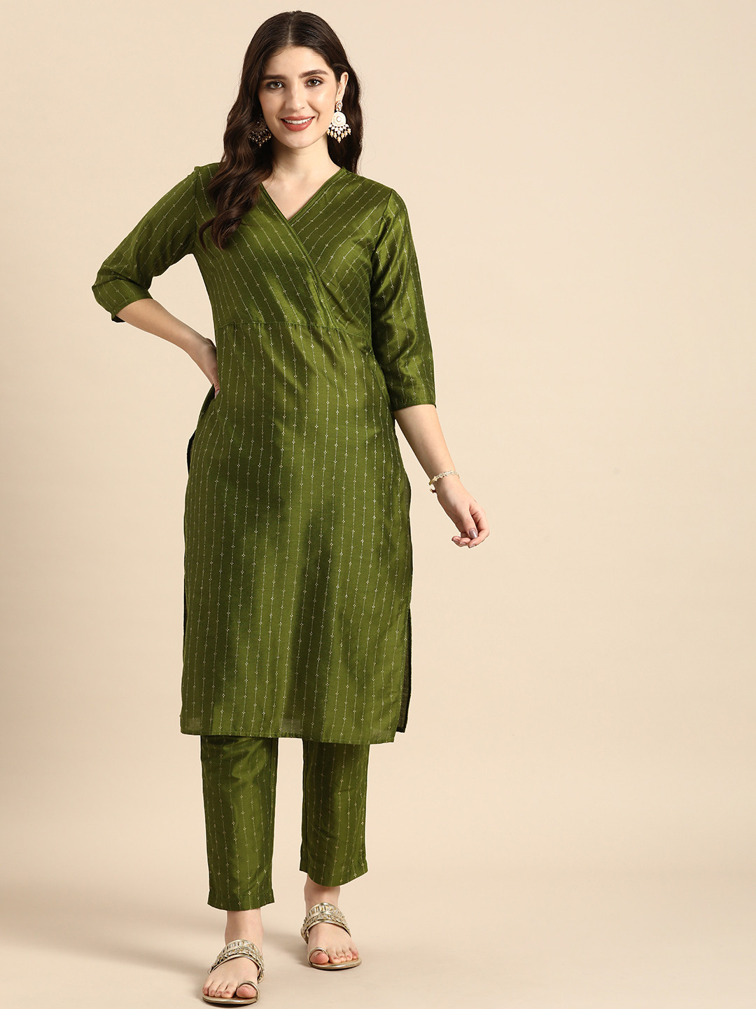 

Anouk Women Striped Angrakha Kurta with Trousers, Olive