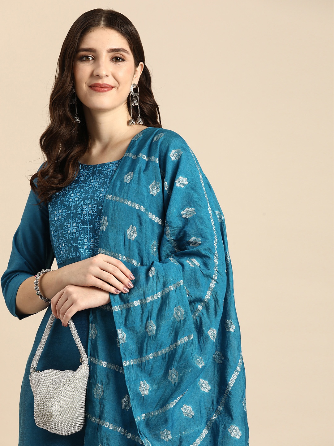 

Anouk Women Yoke Design Regular Kurta with Trousers & With Dupatta, Turquoise blue