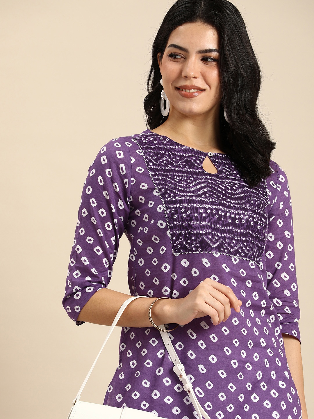 

Anouk Women Bandhani Printed Keyhole Neck Gotta Patti Kurta, Purple