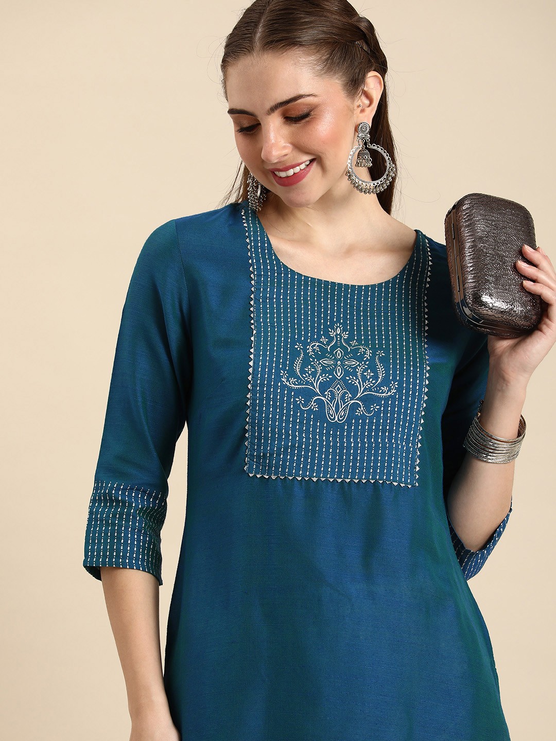

Anouk Women Ethnic Motifs Yoke Design Gotta Patti Kurta, Blue