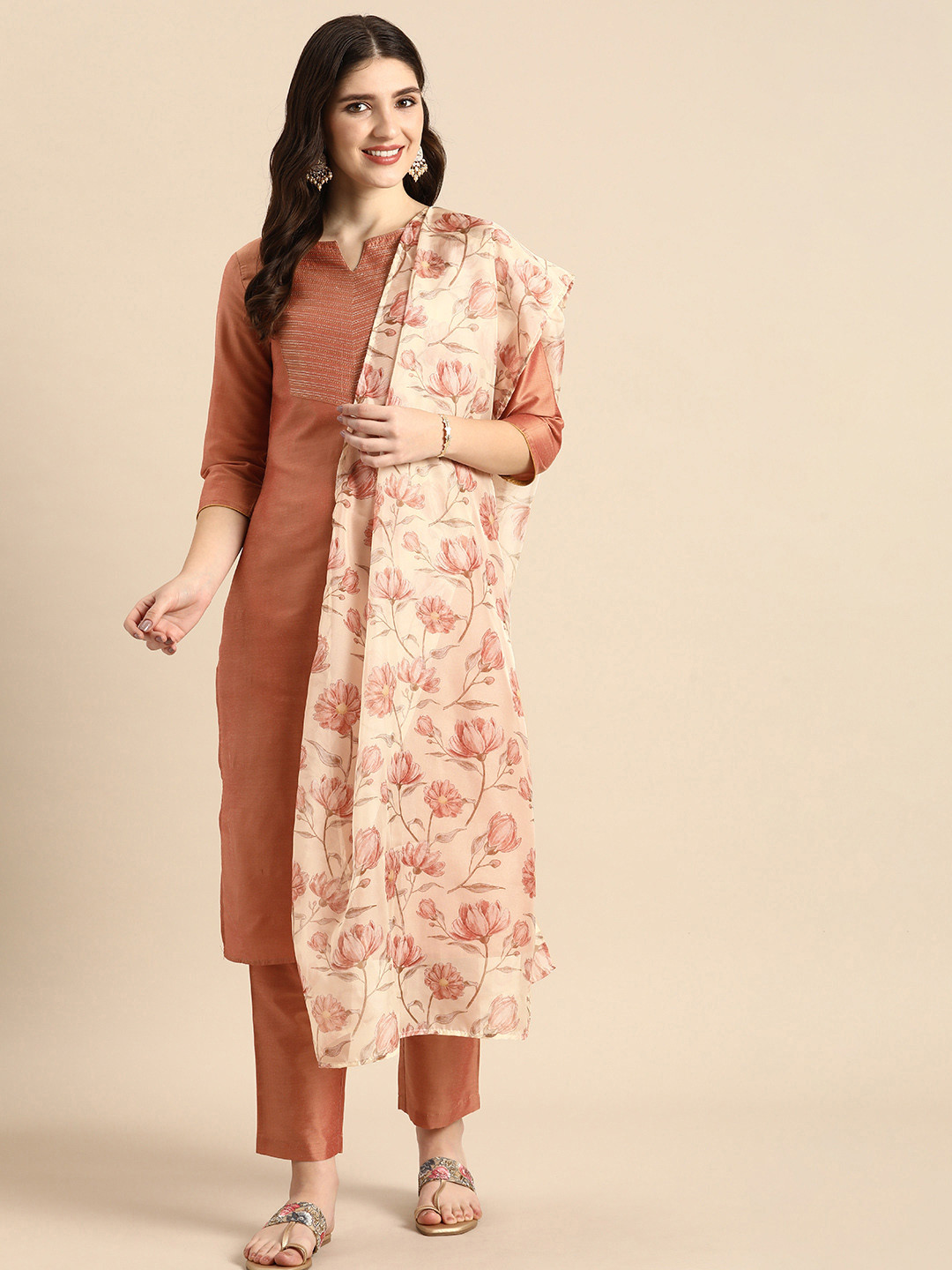 

Anouk Embroidered Regular Kantha Work Kurta with Trousers & Dupatta, Copper