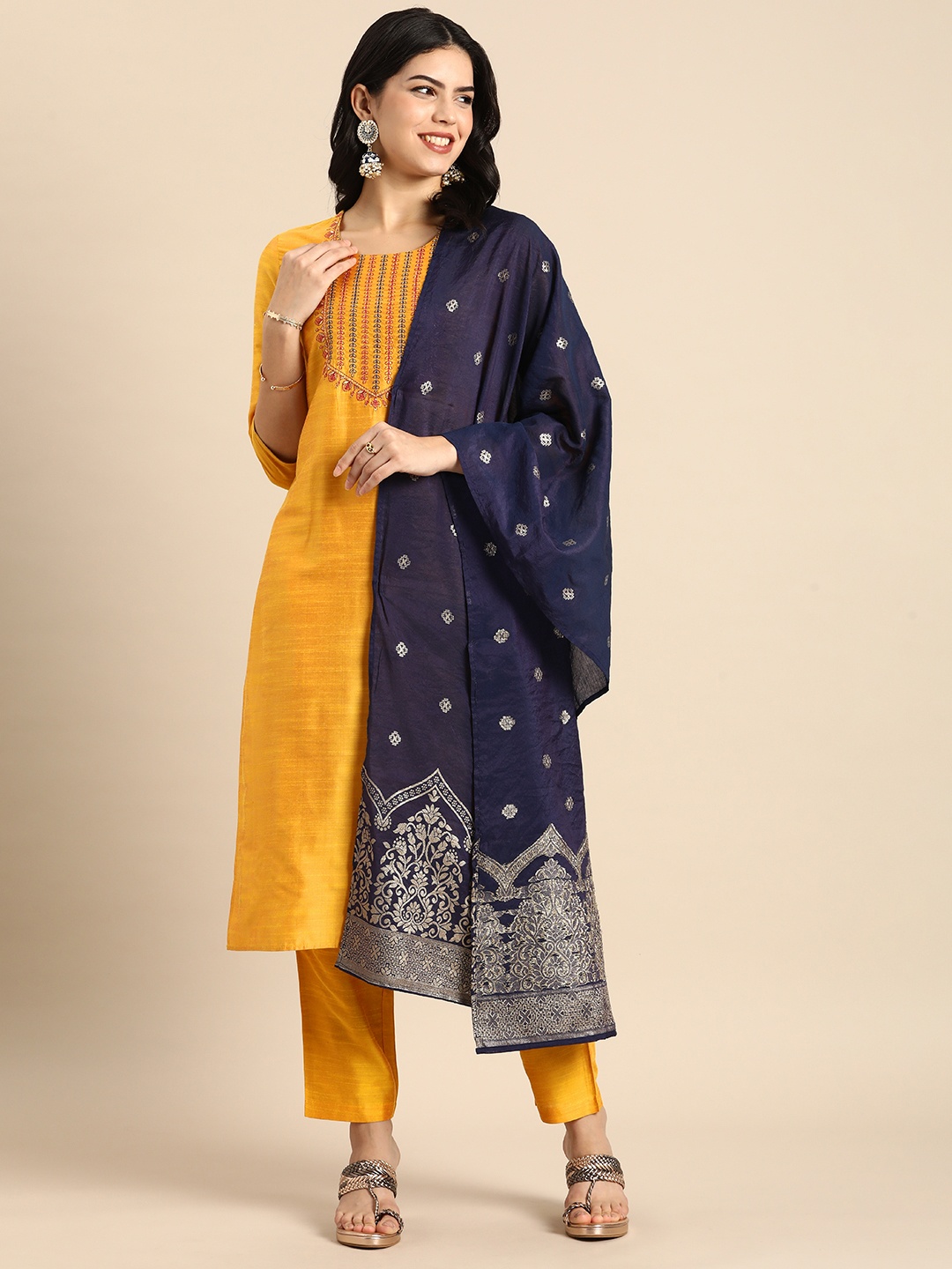 

Anouk Women Floral Yoke Design Regular Kurta with Trousers & With Dupatta, Yellow