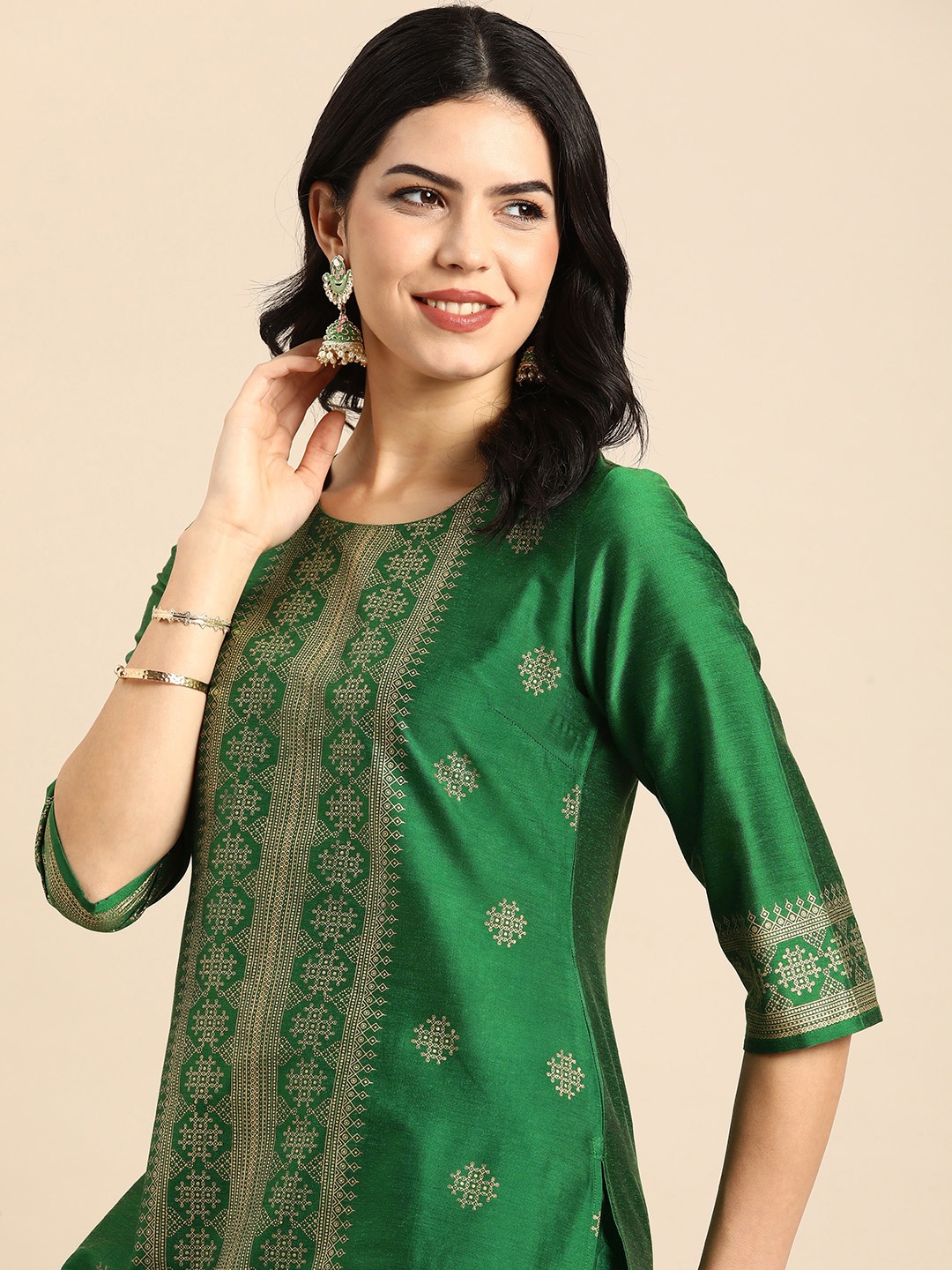 

Anouk Women Ethnic Motifs Printed Regular Kurta with Trousers, Green