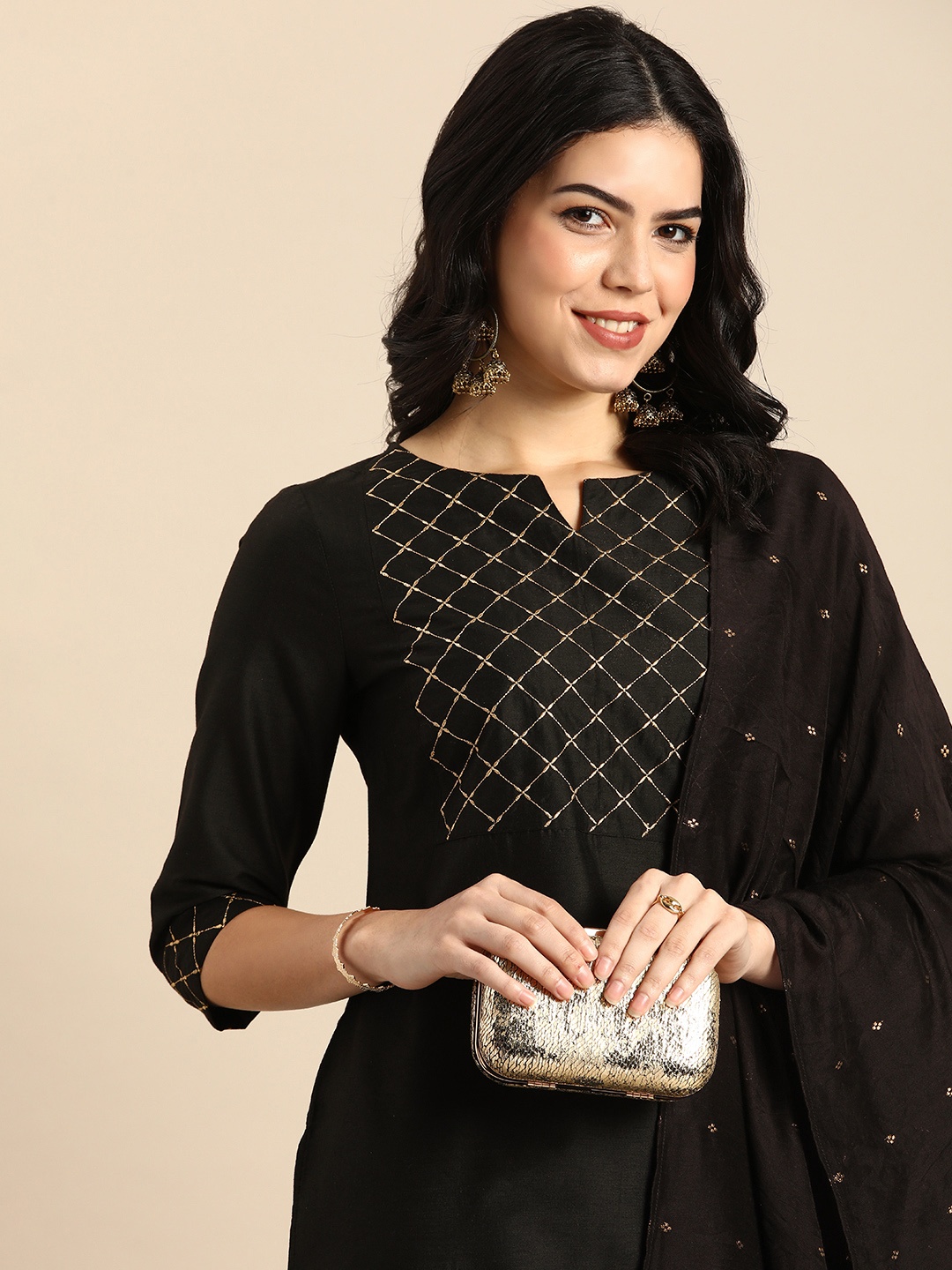 

Anouk Women Yoke Design Regular Kurta with Trousers & With Dupatta, Black