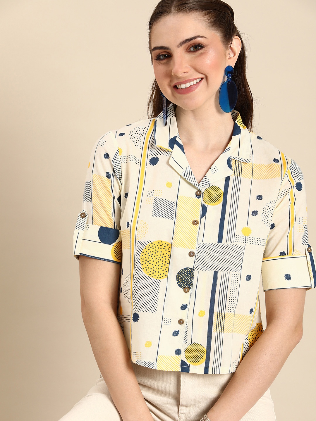 

Anouk Geometric Print Roll-Up Sleeves Cotton Shirt Style Crop Top, Cream