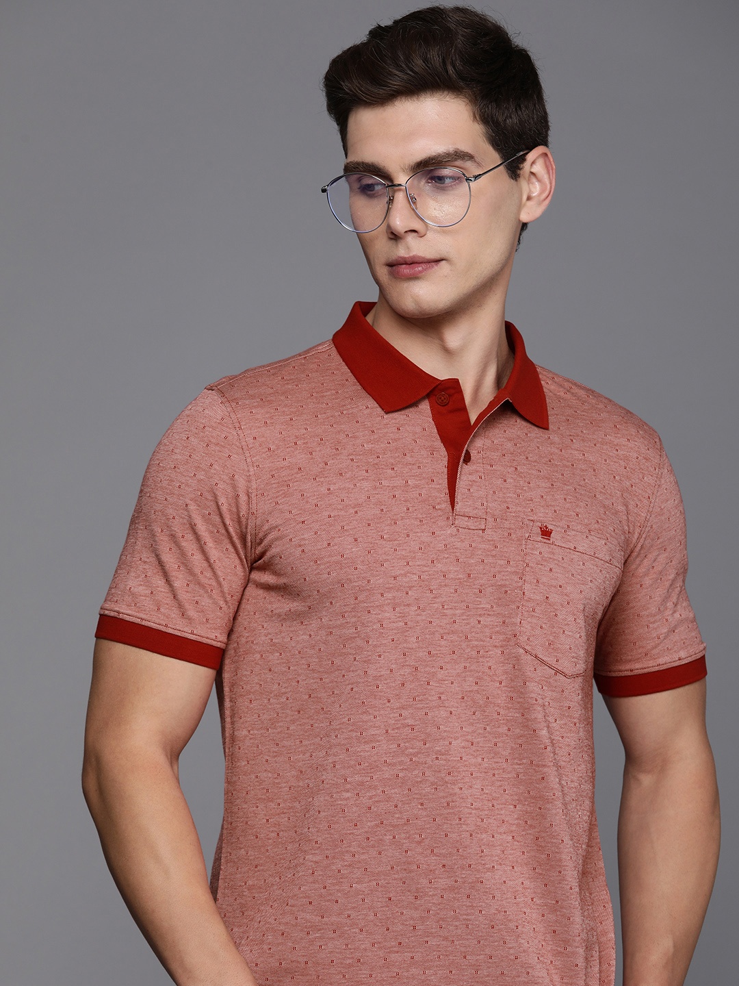 

Louis Philippe Men Geometric Polo Collar Pure Cotton T-shirt, Maroon