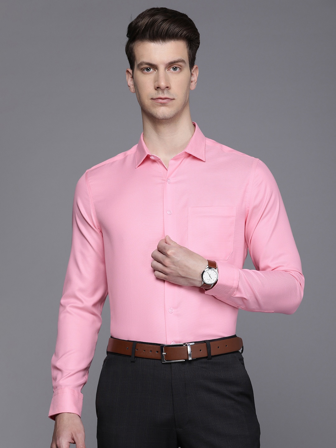 

Louis Philippe Permapress Men Textured Pure Cotton Slim Fit Opaque Wrinkle Free Formal Shirt, Pink