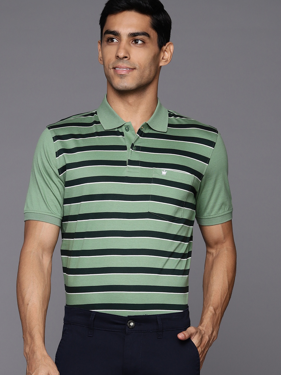 

Louis Philippe Striped Polo Collar Pure Cotton T-shirt, Green
