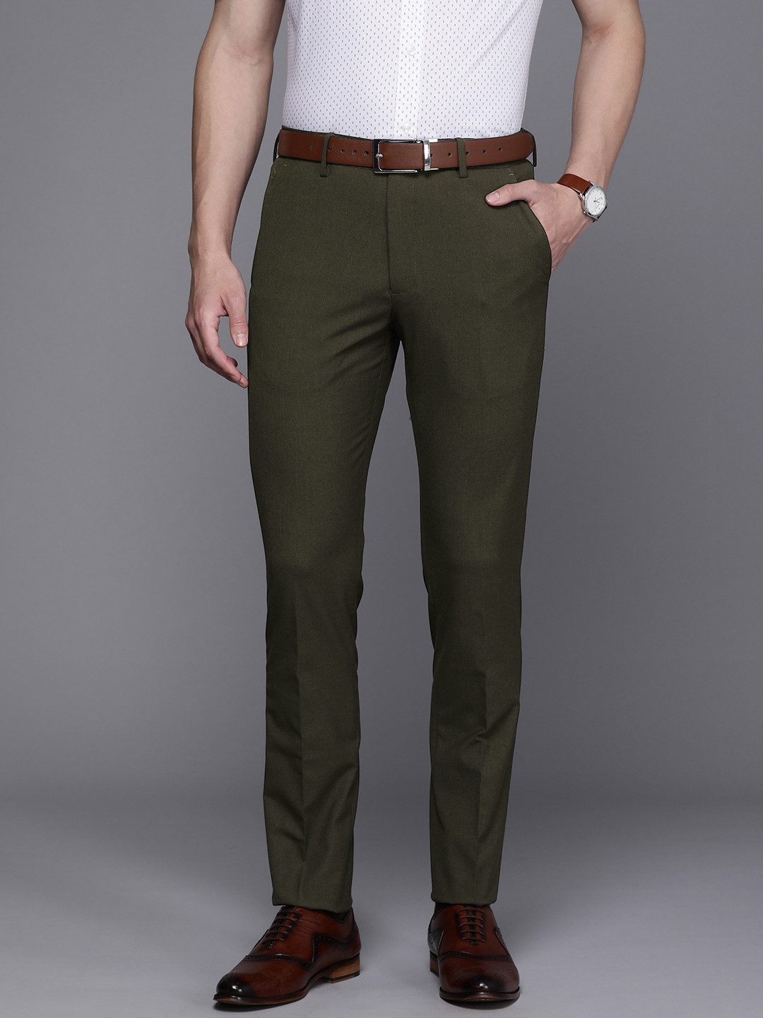 

Louis Philippe Men Super Slim Fit Formal Trousers, Olive