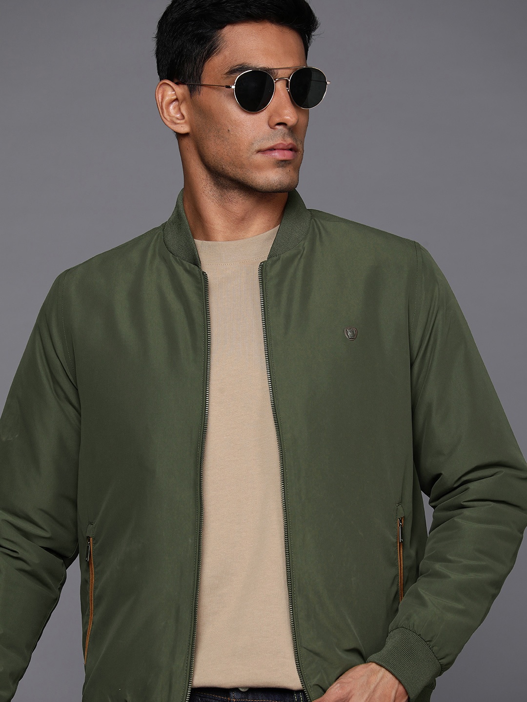 

Louis Philippe Solid Stand Collar Bomber Jacket, Olive