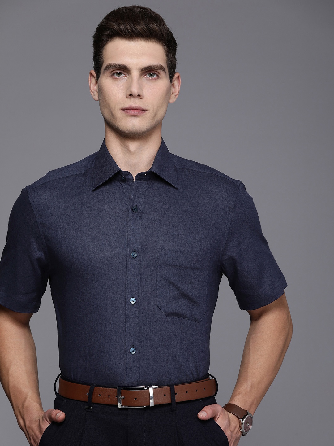

Louis Philippe Men Classic Cotton Linen Formal Shirt, Navy blue