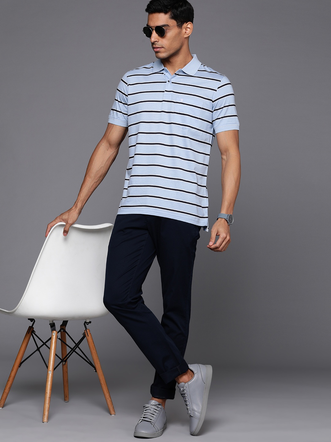 

Louis Philippe Striped Polo Collar Pure Cotton T-shirt, Blue