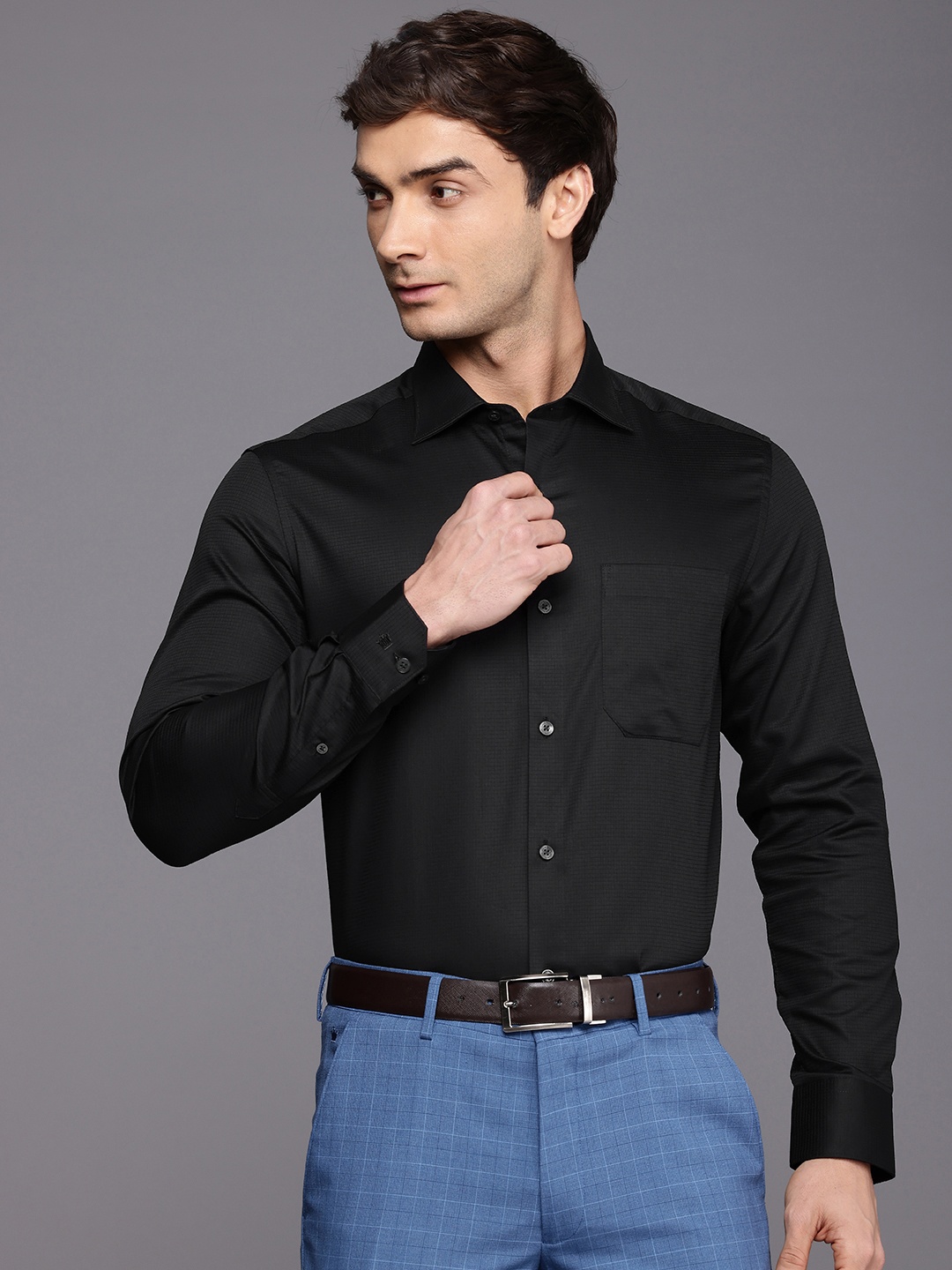 

Louis Philippe Classic Self-Design Micro Checks Pure Cotton Formal Shirt, Black