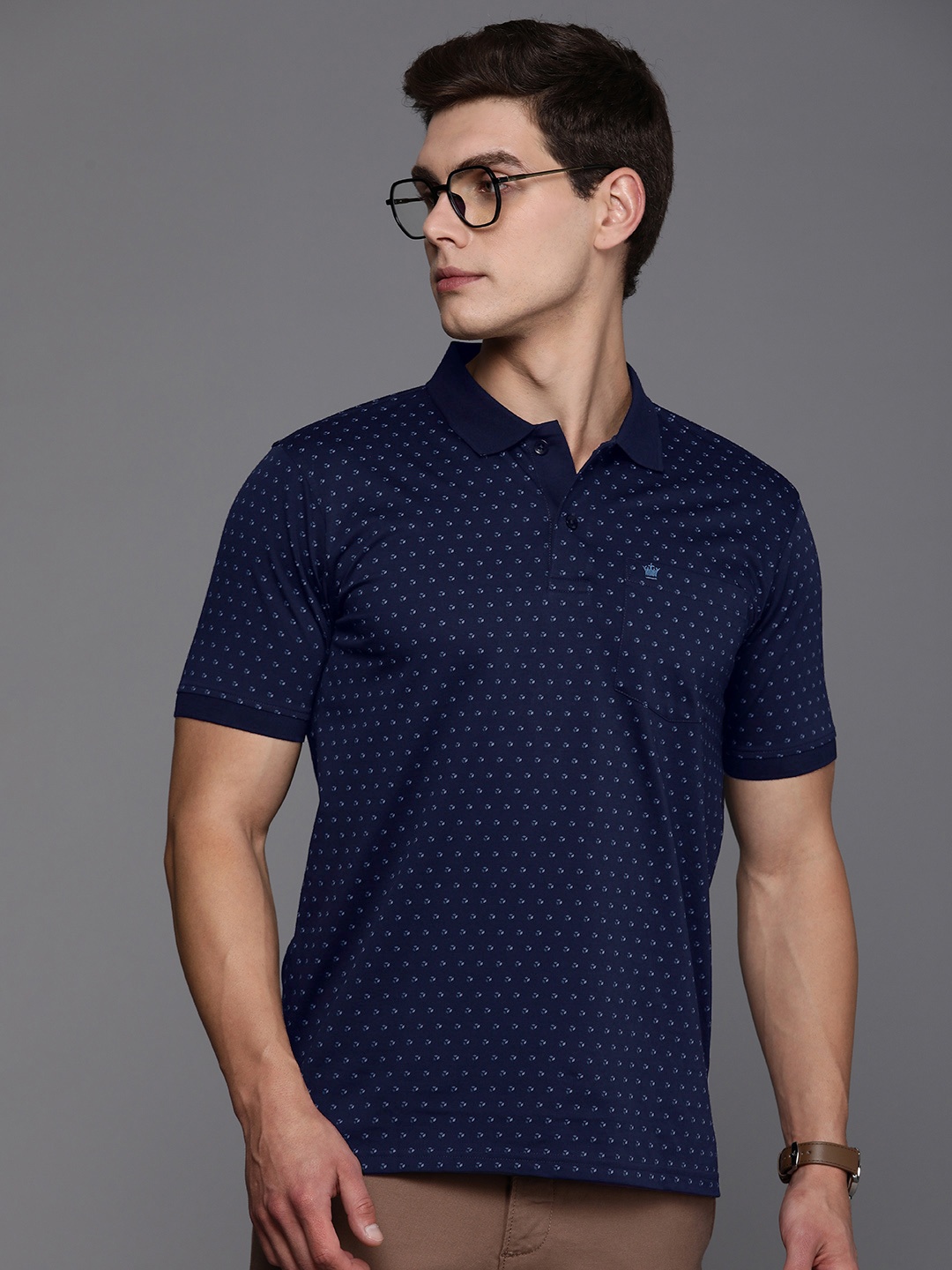 

Louis Philippe Men Printed Polo Collar Pure Cotton T-shirt, Navy blue