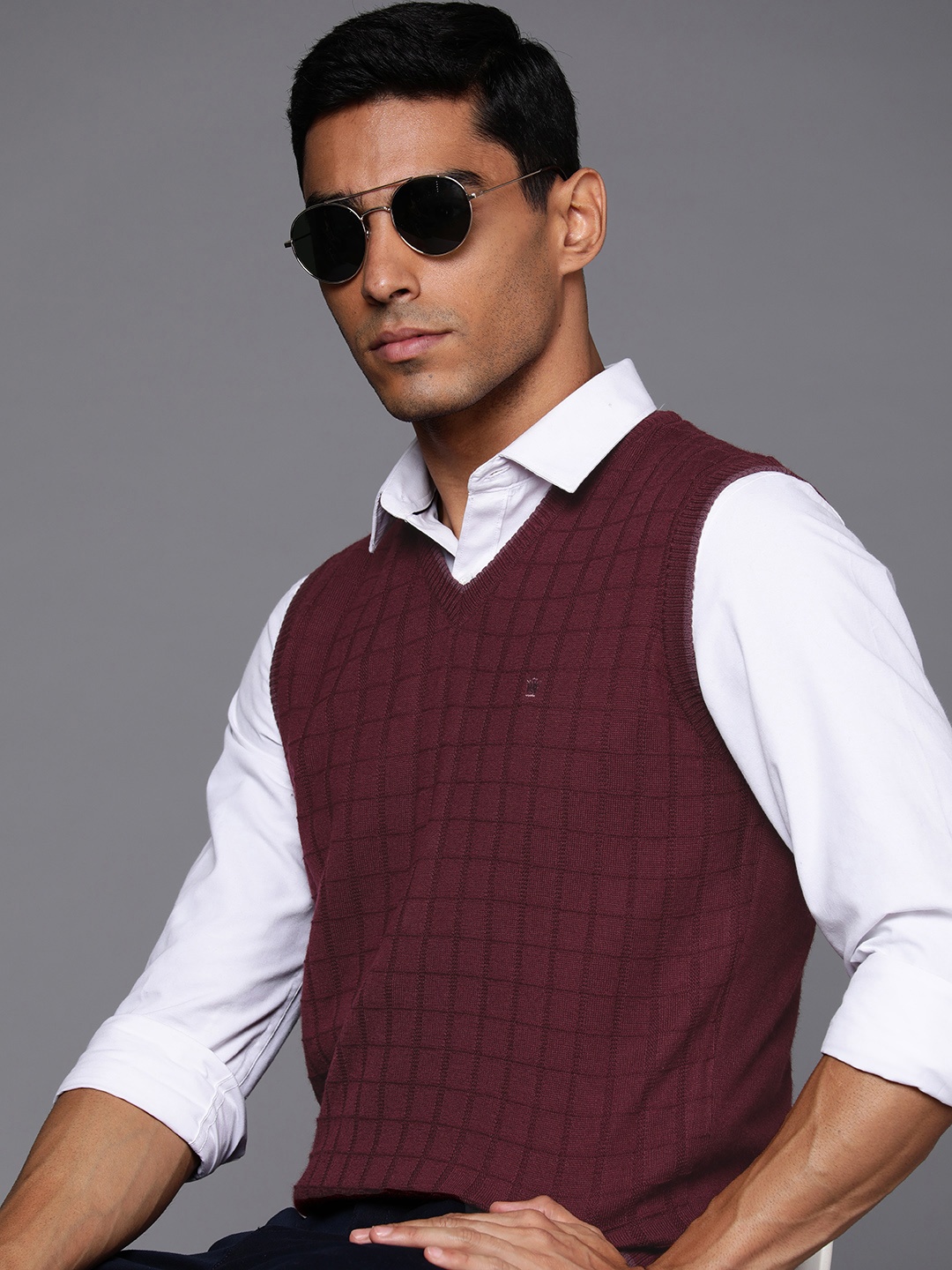

Louis Philippe Checked V-Neck Sweater Vest, Maroon