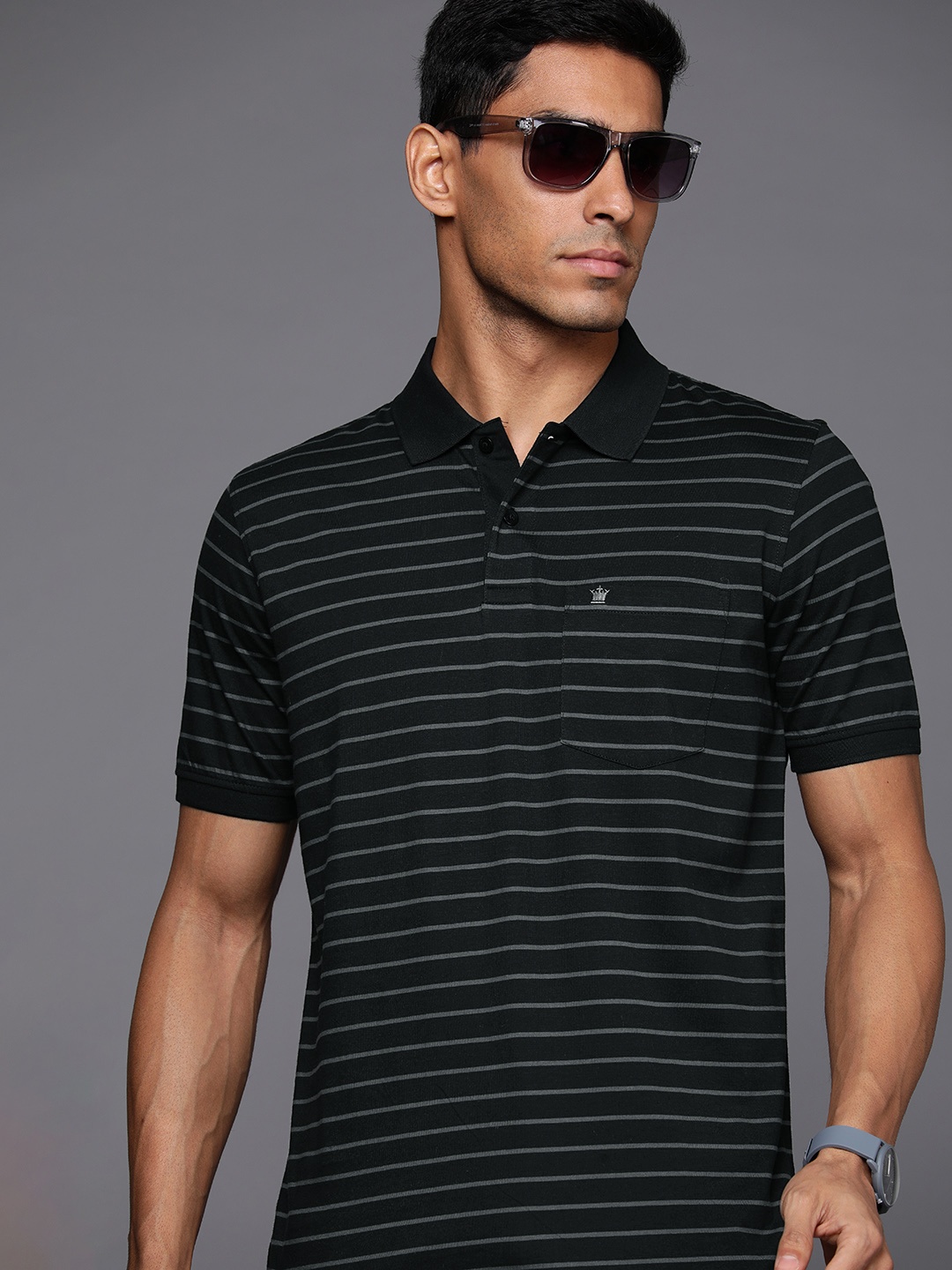 

Louis Philippe Striped Polo Collar Pure Cotton T-shirt, Black