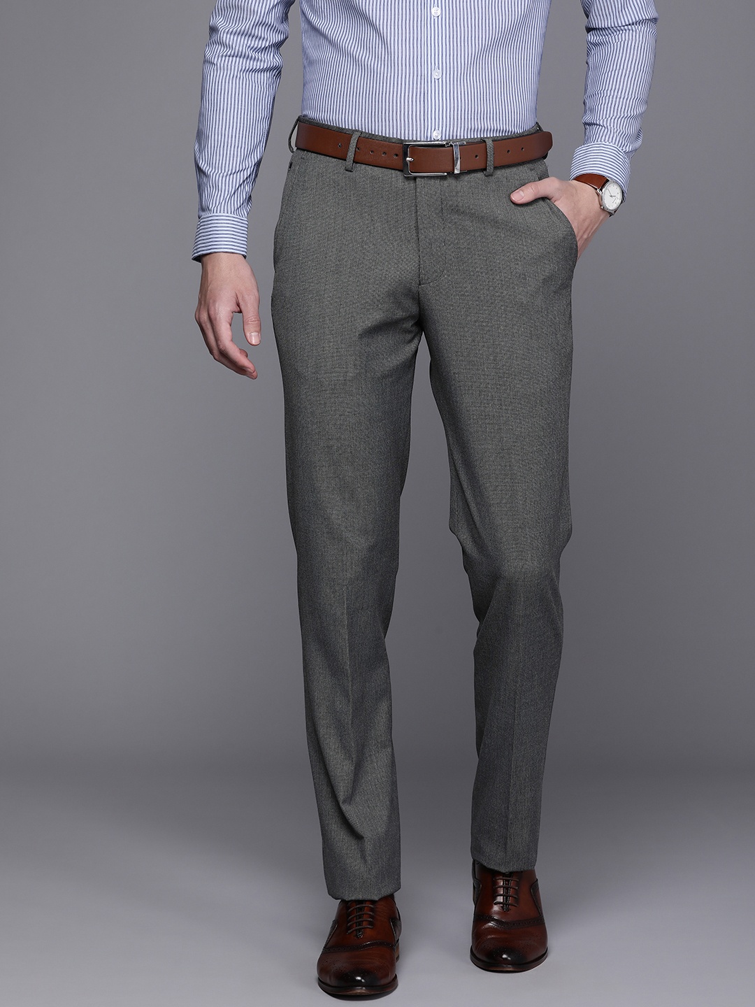 

Louis Philippe Men Textured Slim Fit Mid-Rise Formal Trousers, Grey