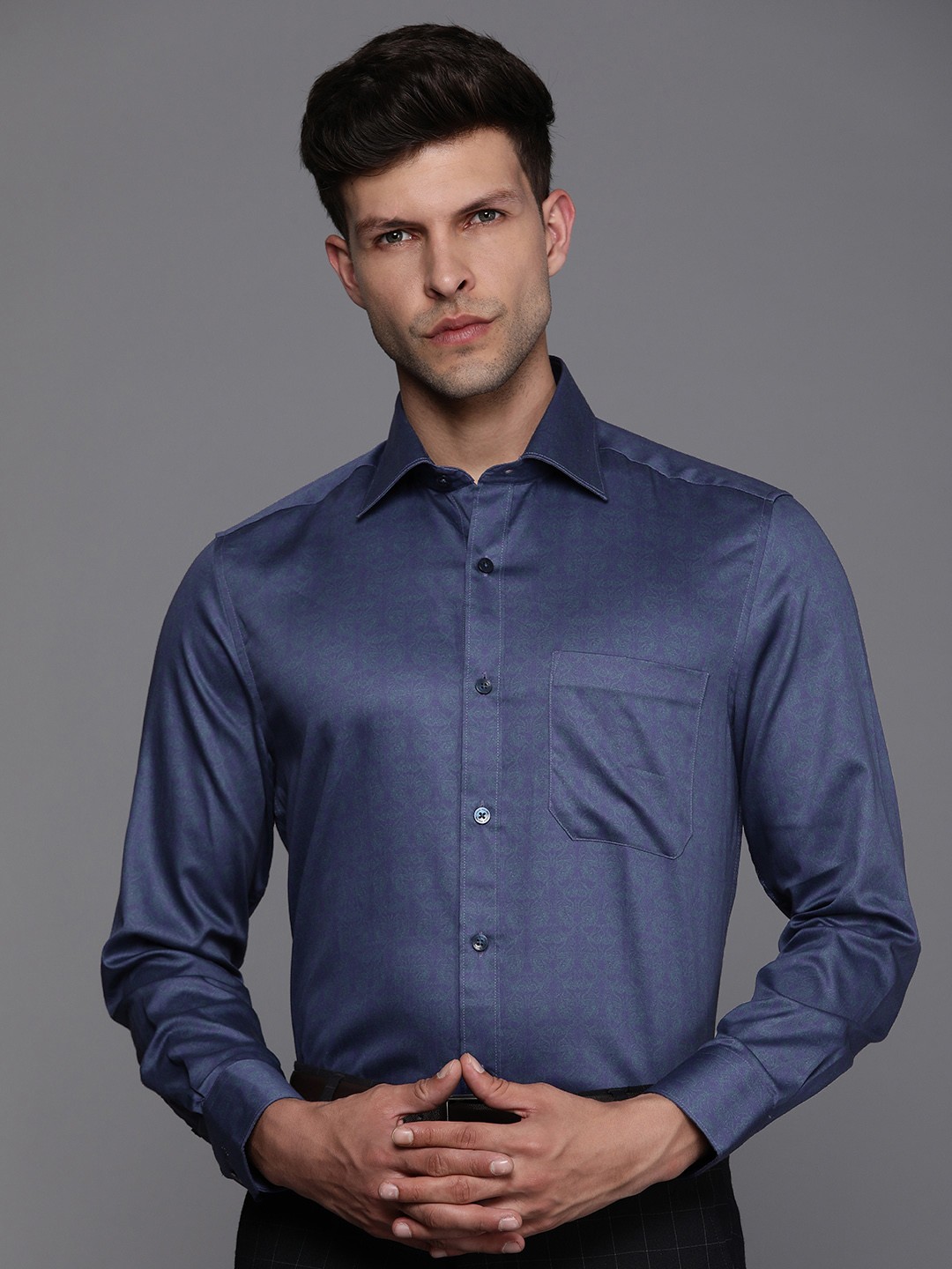 

Louis Philippe Classic Ethnic Motifs Printed Cotton Formal Shirt, Blue