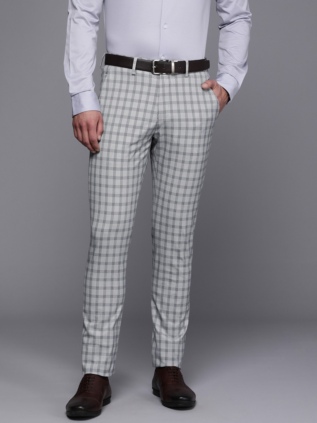 

Louis Philippe Men Checked Super Slim Fit Mid-Rise Formal Trousers, Grey