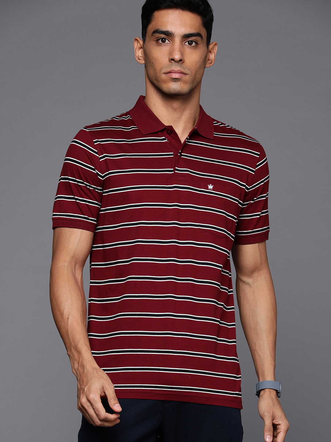 

Louis Philippe Striped Polo Collar Pure Cotton T-shirt, Maroon