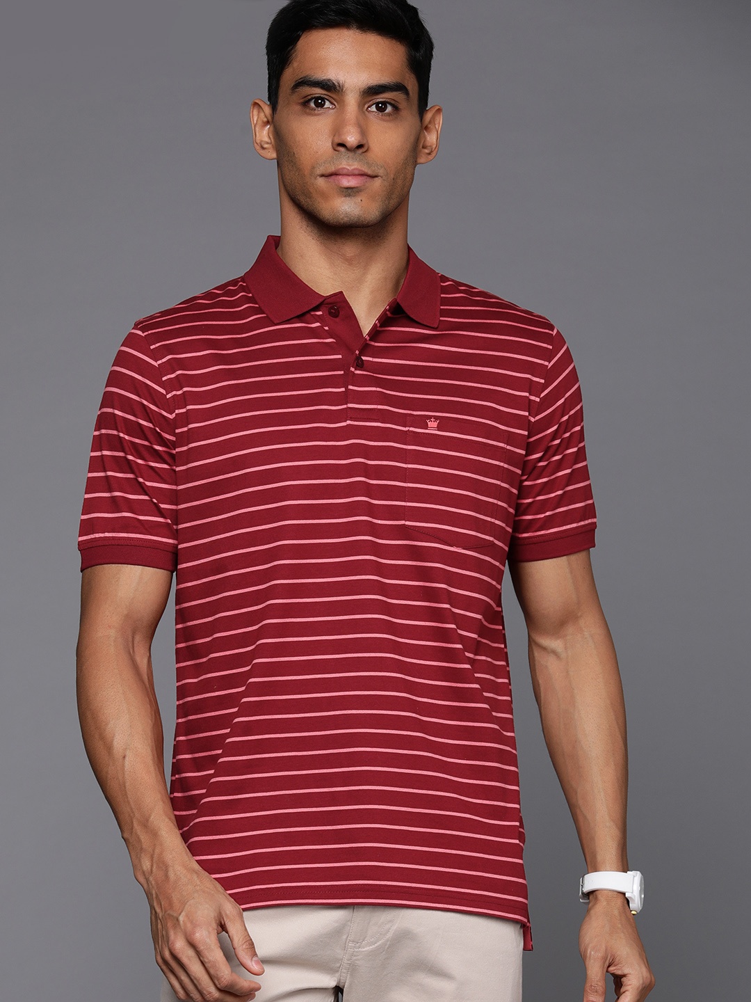 Louis Philippe Striped Polo Collar Pure Cotton T-shirt, Maroon