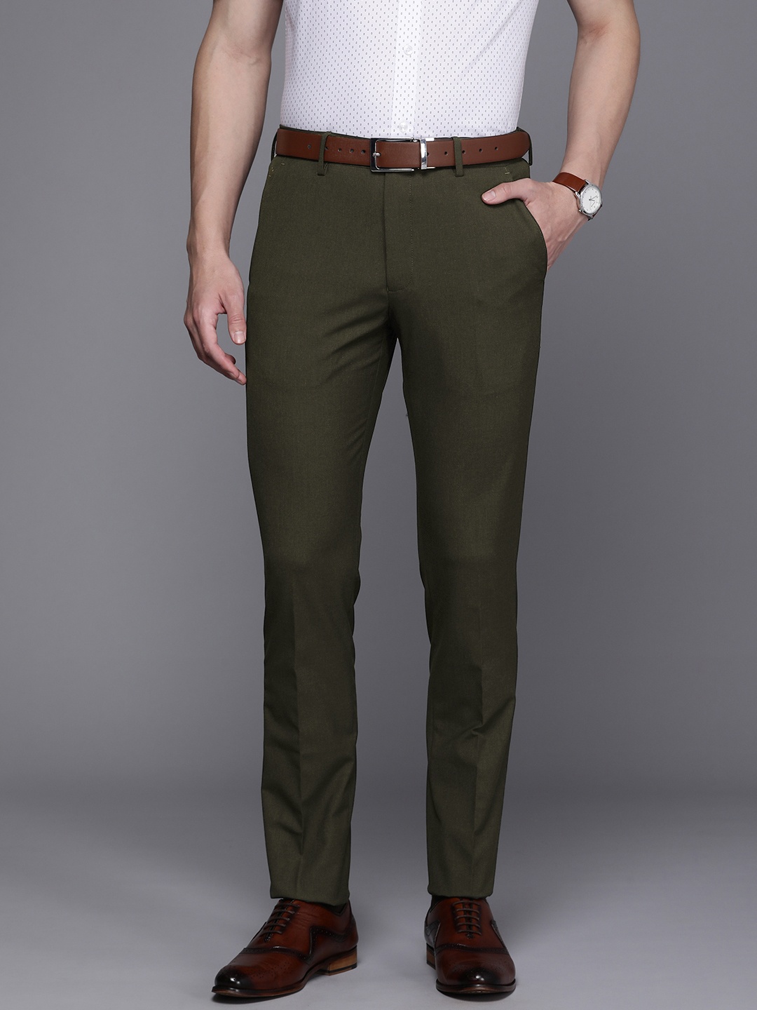 

Louis Philippe Men Super Slim Fit Mid-Rise Formal Trousers, Olive